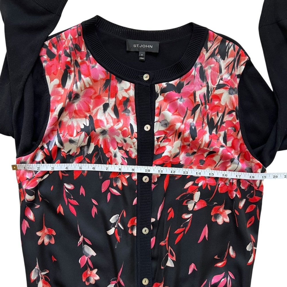 St. John Pink Cascading Floral Silk Black Sweater Cardigan Size M Office Career - Picture 11 of 12